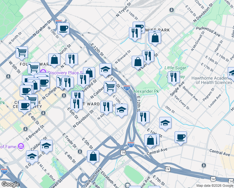 map of restaurants, bars, coffee shops, grocery stores, and more near 613 Garden District Drive in Charlotte