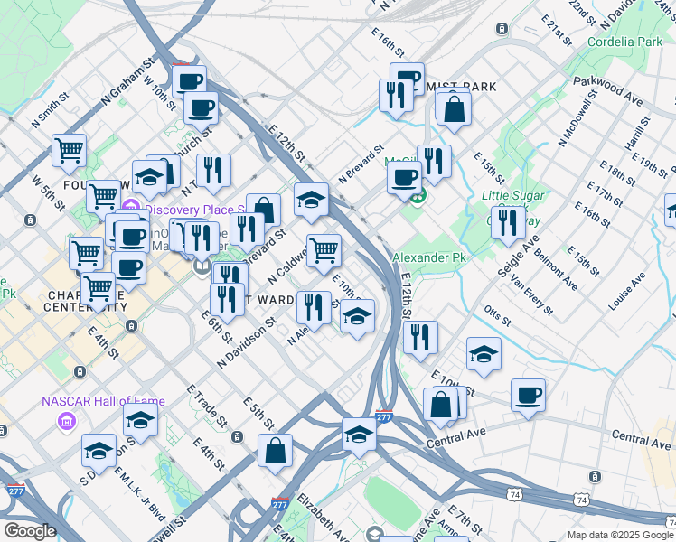 map of restaurants, bars, coffee shops, grocery stores, and more near 613 Garden District Drive in Charlotte