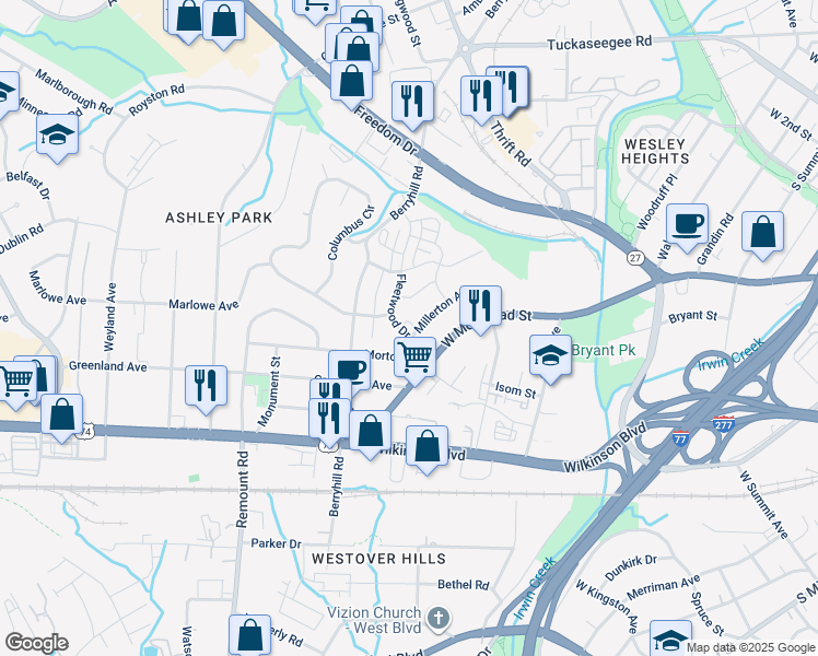 map of restaurants, bars, coffee shops, grocery stores, and more near 1921 Fleetwood Drive in Charlotte