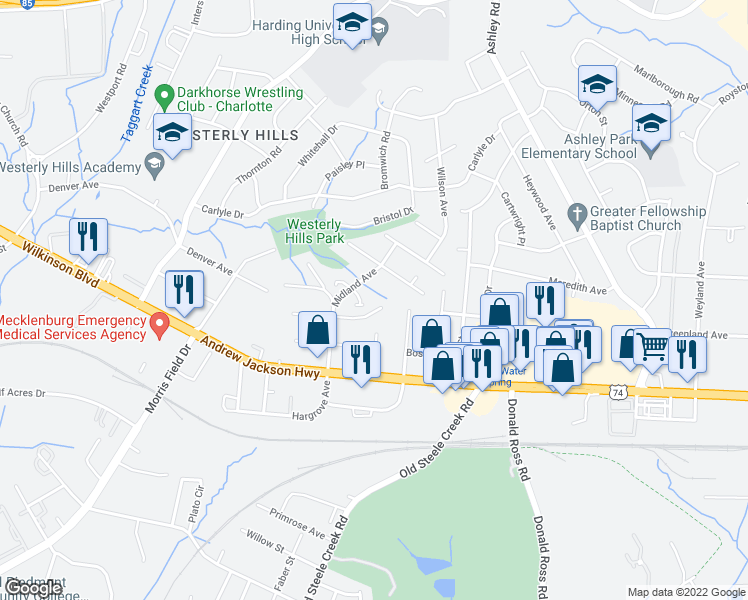 map of restaurants, bars, coffee shops, grocery stores, and more near 2431 Midland Avenue in Charlotte