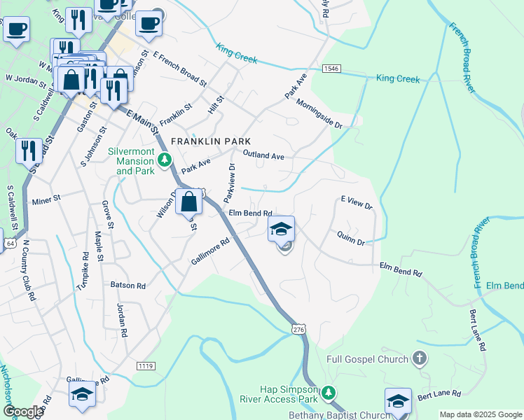 map of restaurants, bars, coffee shops, grocery stores, and more near 109 Elm Bend Road in Brevard