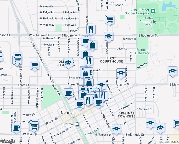 map of restaurants, bars, coffee shops, grocery stores, and more near 422 East Frank Street in Norman