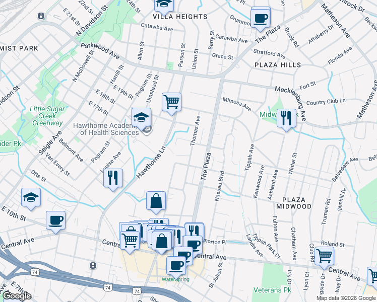 map of restaurants, bars, coffee shops, grocery stores, and more near 1827 Thomas Ave in Charlotte