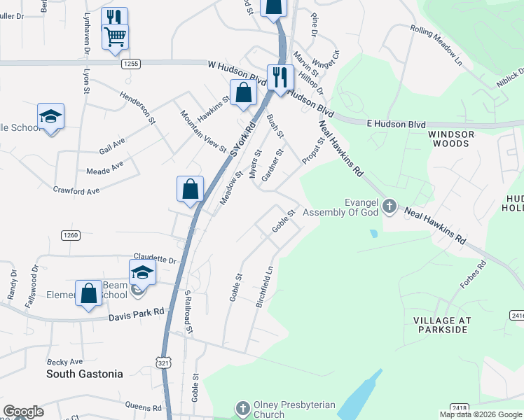 map of restaurants, bars, coffee shops, grocery stores, and more near 2723 Westview Street in Gastonia