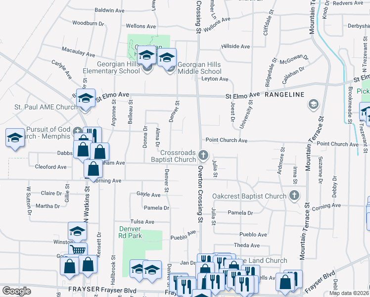 map of restaurants, bars, coffee shops, grocery stores, and more near 3729 Overton Crossing Street in Memphis