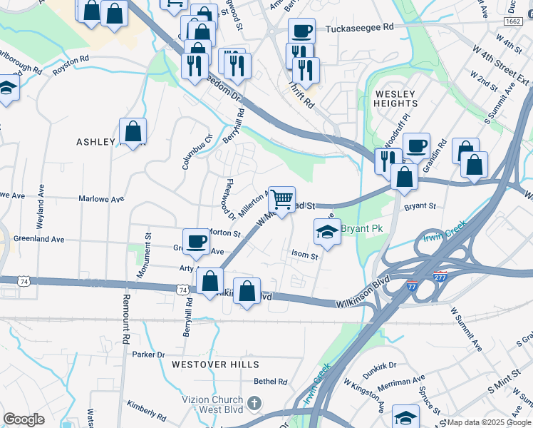 map of restaurants, bars, coffee shops, grocery stores, and more near 2020 West Morehead Street in Charlotte
