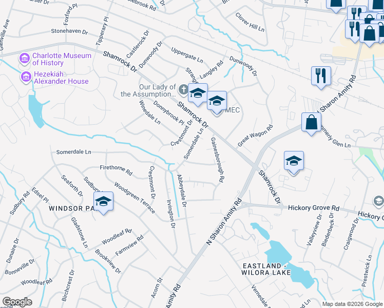 map of restaurants, bars, coffee shops, grocery stores, and more near 4516 Somerdale Lane in Charlotte