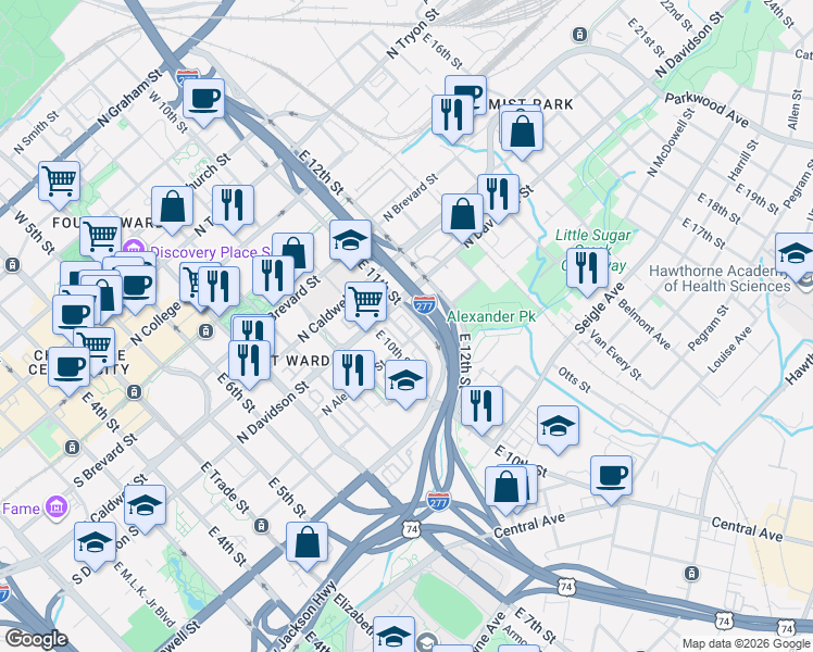 map of restaurants, bars, coffee shops, grocery stores, and more near 627 Garden District Drive in Charlotte