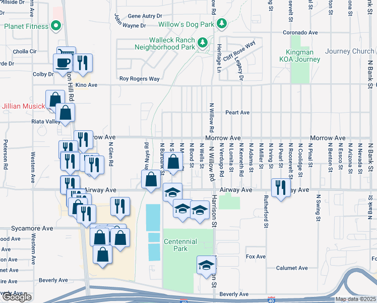map of restaurants, bars, coffee shops, grocery stores, and more near 3591 North Bond Street in Kingman