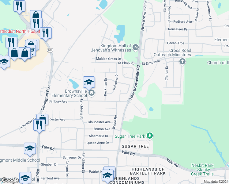 map of restaurants, bars, coffee shops, grocery stores, and more near 3730 Schanna Drive in Memphis