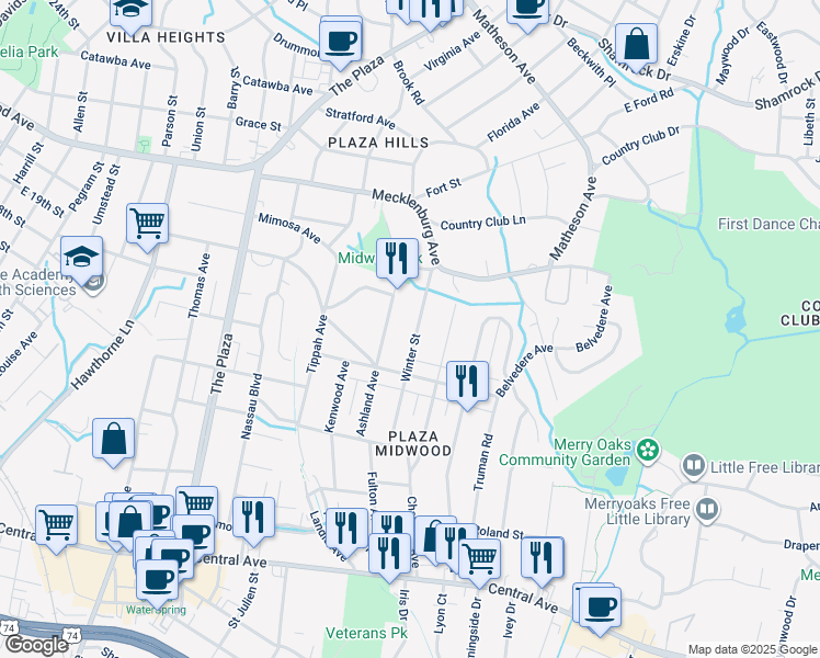 map of restaurants, bars, coffee shops, grocery stores, and more near 2139 Winter Street in Charlotte