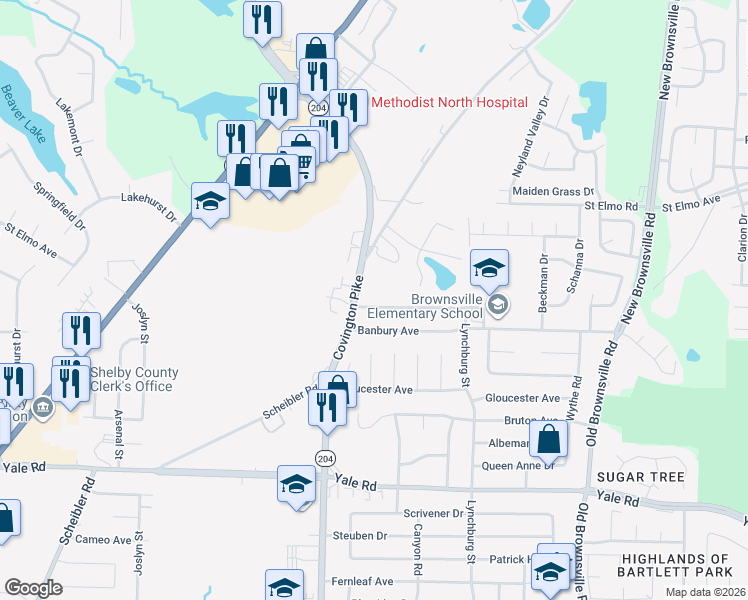 map of restaurants, bars, coffee shops, grocery stores, and more near 5136 Downs Drive in Memphis