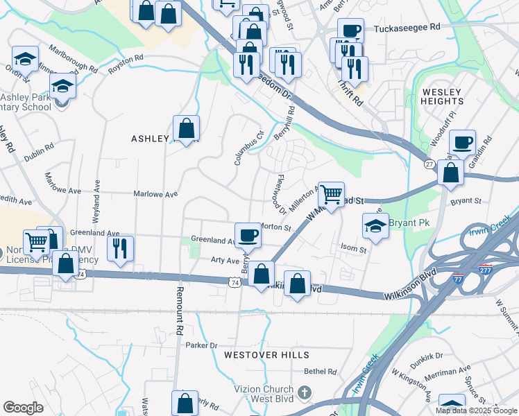map of restaurants, bars, coffee shops, grocery stores, and more near 2512 Alyssa Lane in Charlotte