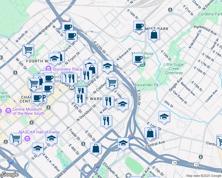 map of restaurants, bars, coffee shops, grocery stores, and more near 619 North Davidson Street in Charlotte