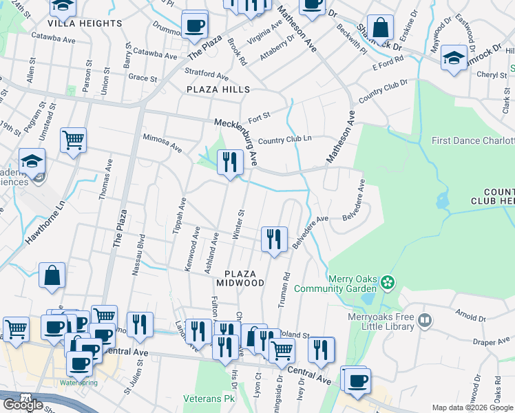 map of restaurants, bars, coffee shops, grocery stores, and more near in Charlotte