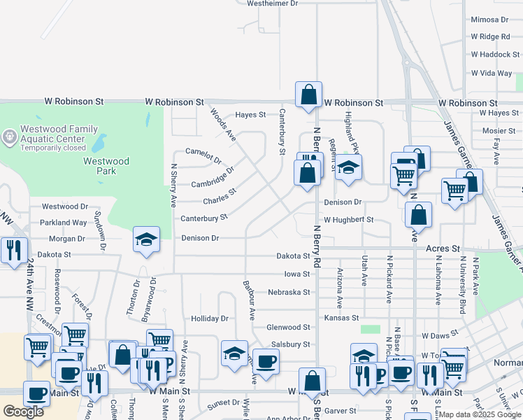 map of restaurants, bars, coffee shops, grocery stores, and more near 720 Barbour Avenue in Norman