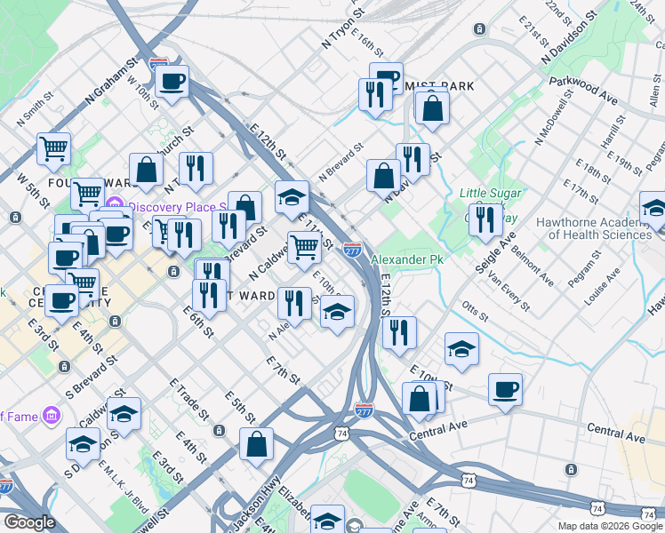 map of restaurants, bars, coffee shops, grocery stores, and more near 613 Garden District Drive in Charlotte