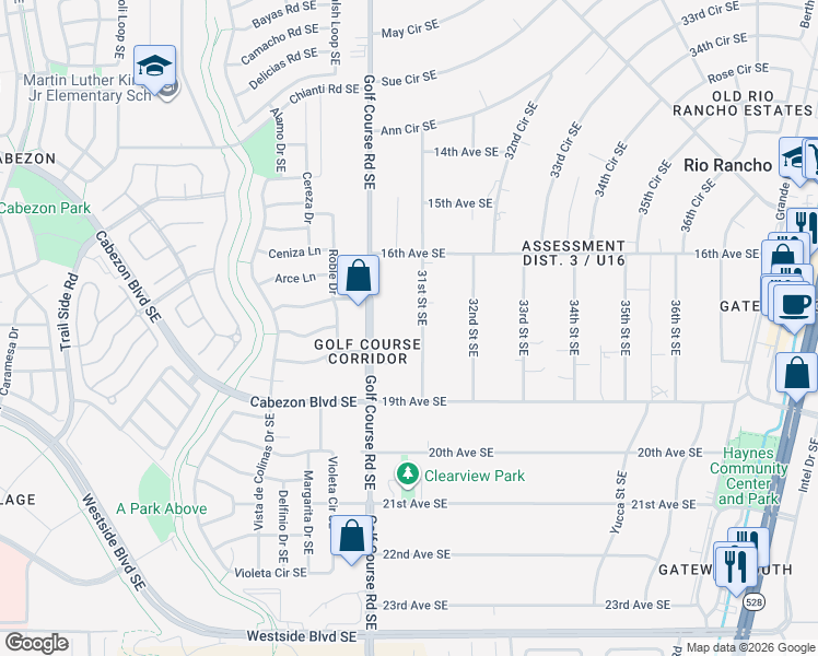 map of restaurants, bars, coffee shops, grocery stores, and more near 1713 31st Street Southeast in Rio Rancho