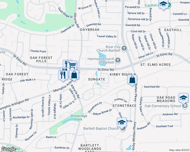 map of restaurants, bars, coffee shops, grocery stores, and more near 3718 Morningrise Cove in Bartlett