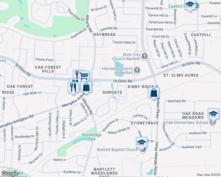 map of restaurants, bars, coffee shops, grocery stores, and more near 3718 Morningrise Cove in Bartlett
