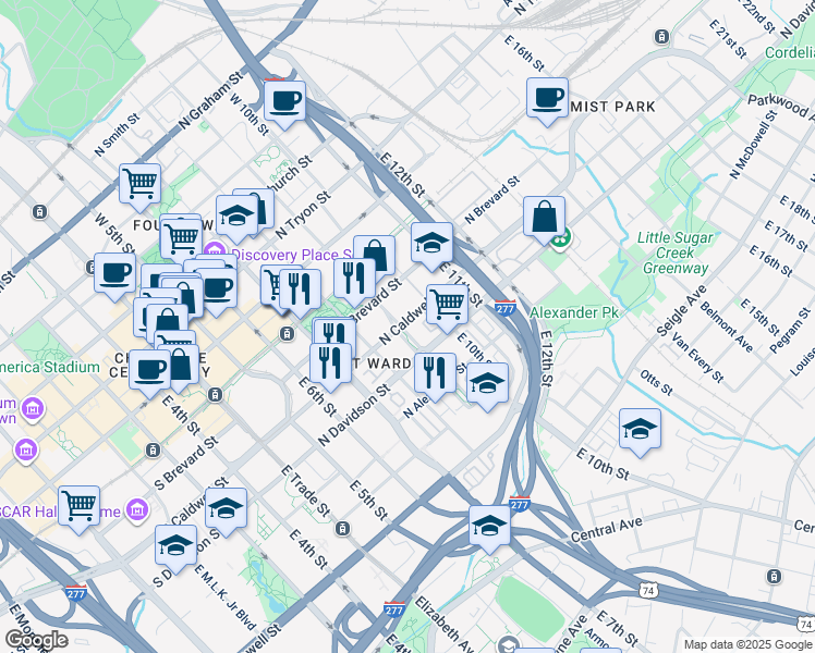 map of restaurants, bars, coffee shops, grocery stores, and more near 503 East 9th Street in Charlotte