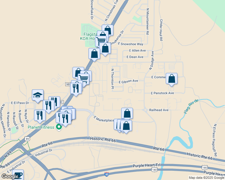 map of restaurants, bars, coffee shops, grocery stores, and more near 5206 North Thornton Place in Flagstaff