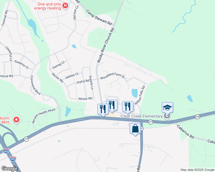 map of restaurants, bars, coffee shops, grocery stores, and more near 11610 Hidden Grove Trail in Charlotte