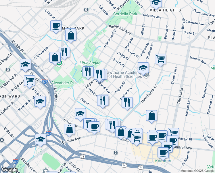 map of restaurants, bars, coffee shops, grocery stores, and more near 1109 Allen Street in Charlotte