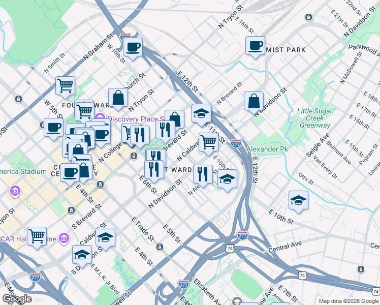 map of restaurants, bars, coffee shops, grocery stores, and more near 503 East 9th Street in Charlotte