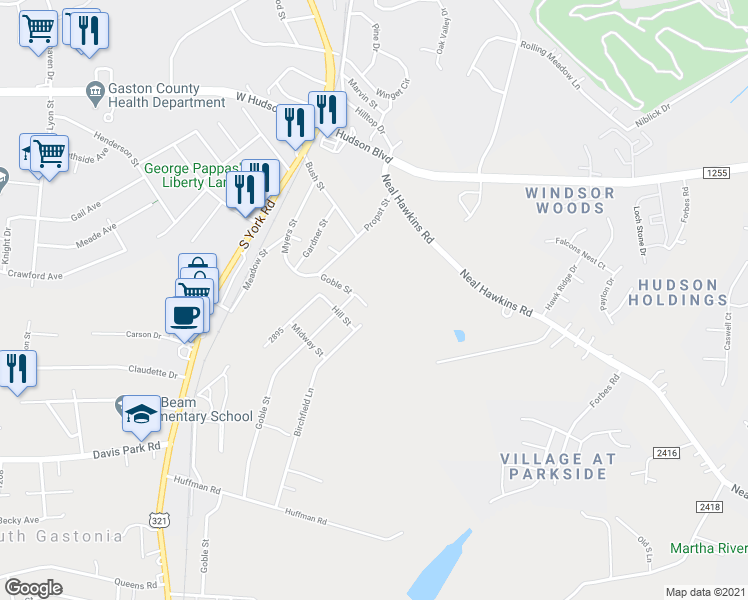 map of restaurants, bars, coffee shops, grocery stores, and more near 2634 Goble Street in Gastonia