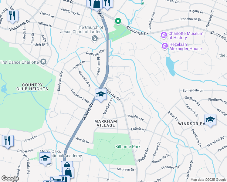 map of restaurants, bars, coffee shops, grocery stores, and more near 2123 Kilborne Drive in Charlotte