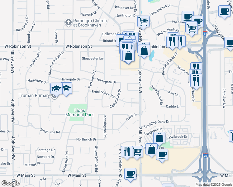 map of restaurants, bars, coffee shops, grocery stores, and more near 709 Cedarbrook Drive in Norman
