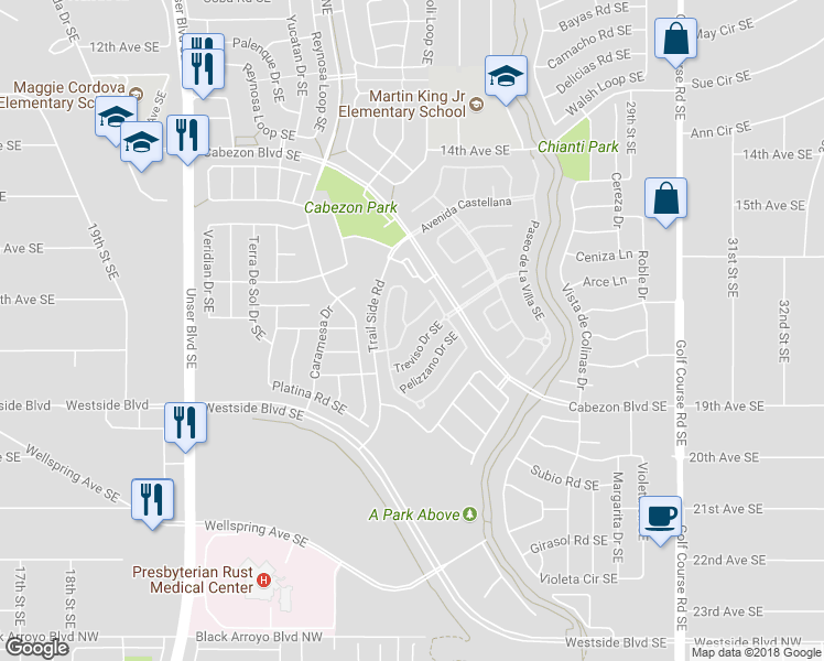 map of restaurants, bars, coffee shops, grocery stores, and more near 2444 Corvara Drive Southeast in Rio Rancho