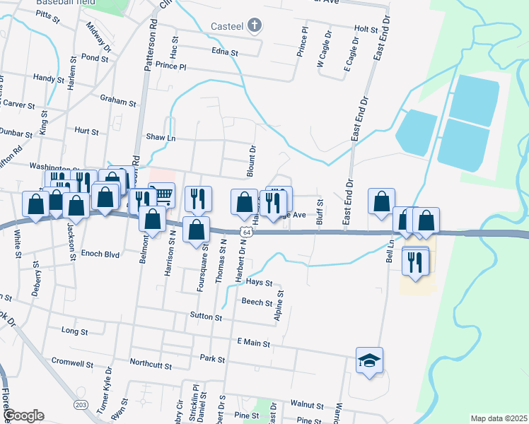 map of restaurants, bars, coffee shops, grocery stores, and more near 30 Mill Street in Savannah