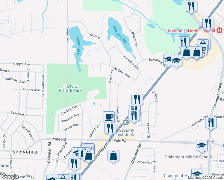 map of restaurants, bars, coffee shops, grocery stores, and more near 3728 Merritt Street in Memphis