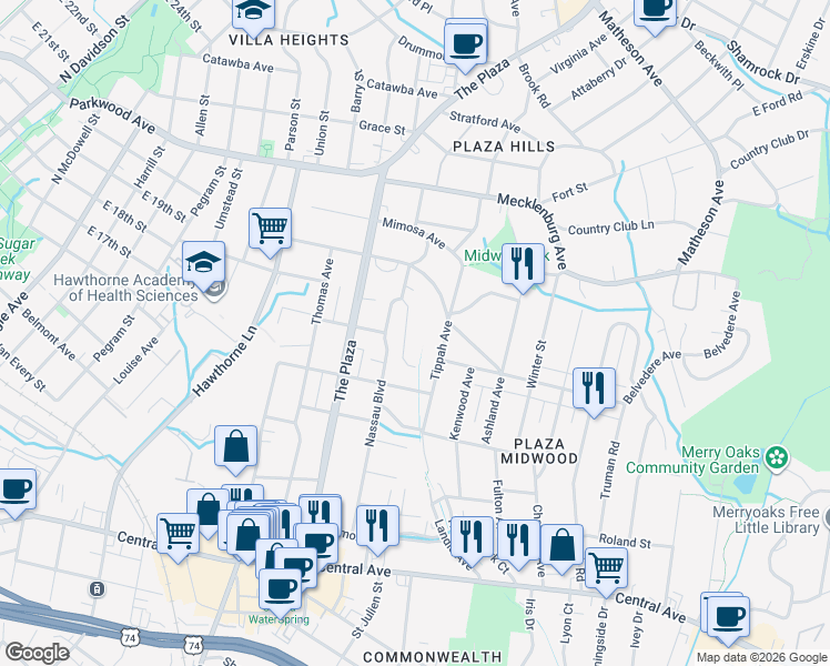 map of restaurants, bars, coffee shops, grocery stores, and more near 1924 Thurmond Place in Charlotte