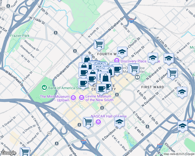 map of restaurants, bars, coffee shops, grocery stores, and more near 106 West Trade Street in Charlotte