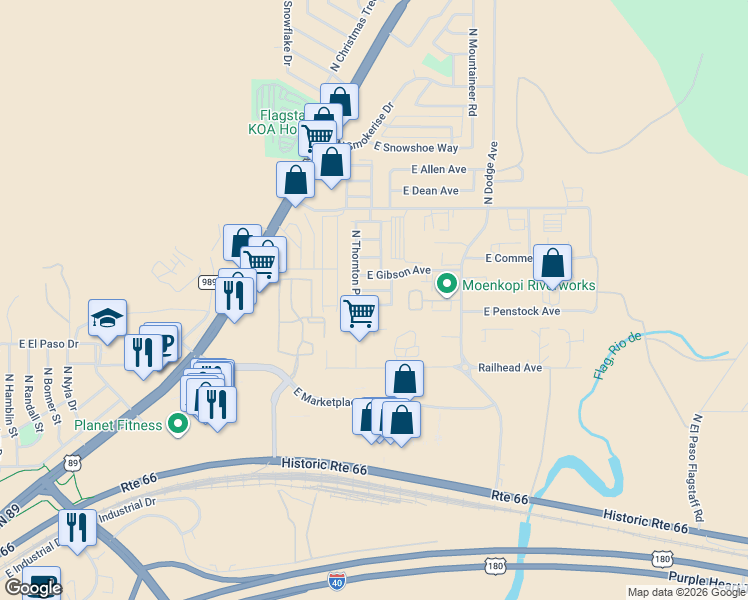 map of restaurants, bars, coffee shops, grocery stores, and more near 5206 North Thornton Place in Flagstaff