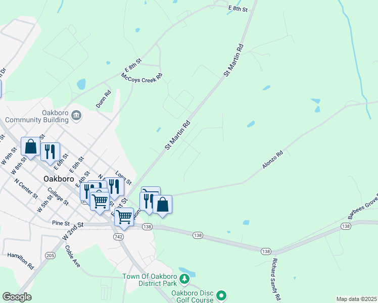 map of restaurants, bars, coffee shops, grocery stores, and more near 576 Scarlet Leaf Lane in Oakboro