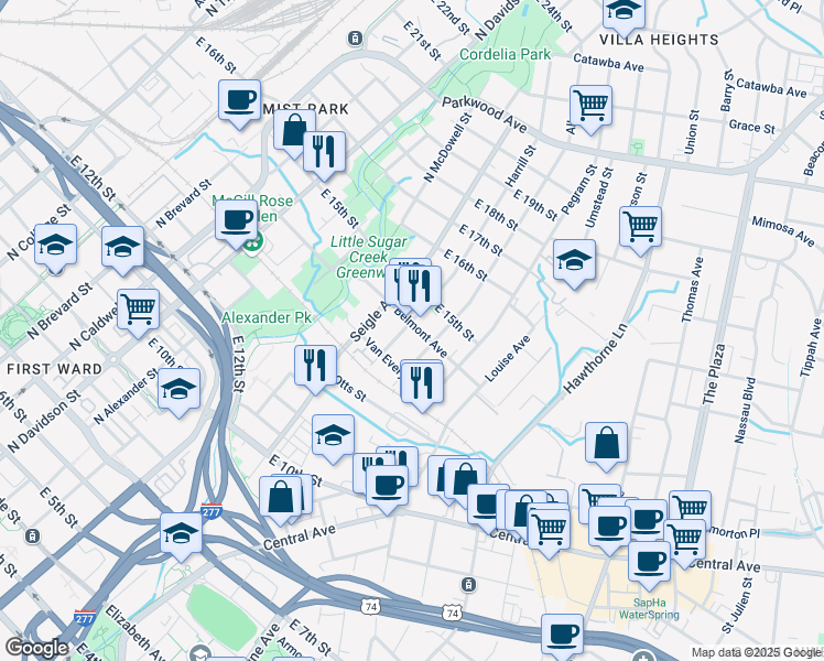 map of restaurants, bars, coffee shops, grocery stores, and more near 1027 Harrill Street in Charlotte