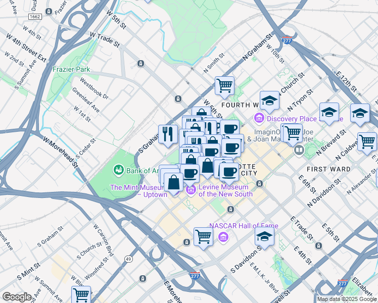 map of restaurants, bars, coffee shops, grocery stores, and more near 224 West 3rd Street in Charlotte