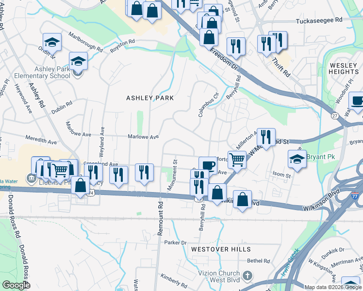 map of restaurants, bars, coffee shops, grocery stores, and more near 2410 Remount Road in Charlotte