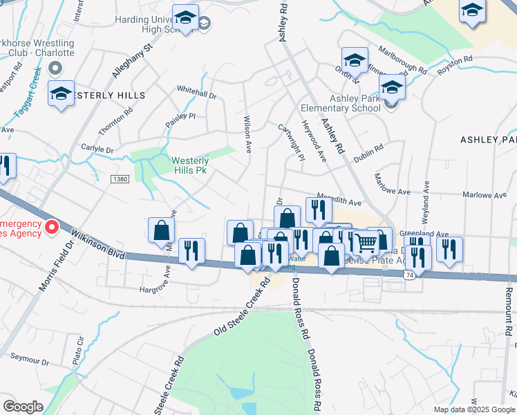 map of restaurants, bars, coffee shops, grocery stores, and more near 2401 Deherradora Avenue in Charlotte