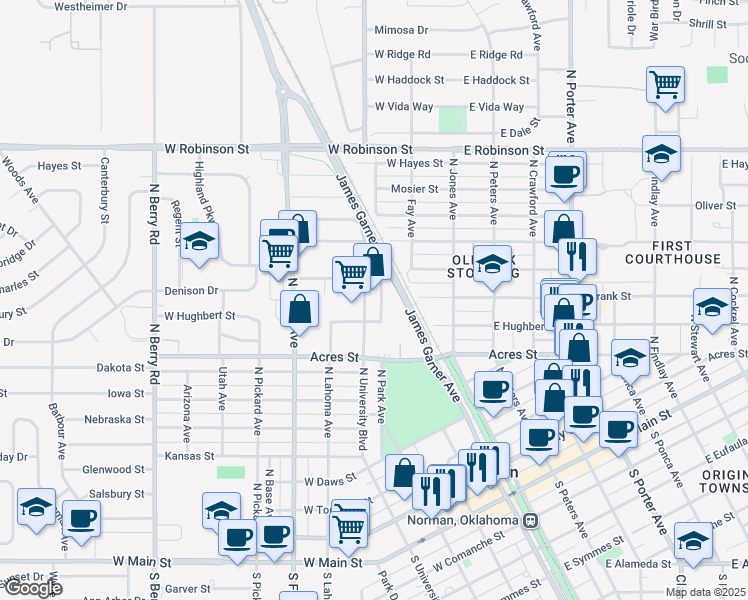 map of restaurants, bars, coffee shops, grocery stores, and more near 1019 North University Boulevard in Norman