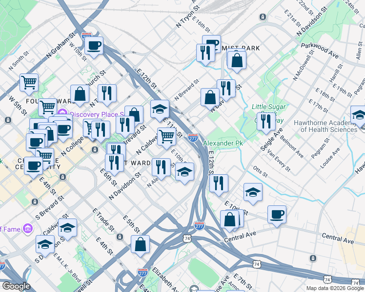 map of restaurants, bars, coffee shops, grocery stores, and more near 611 Garden District Drive in Charlotte