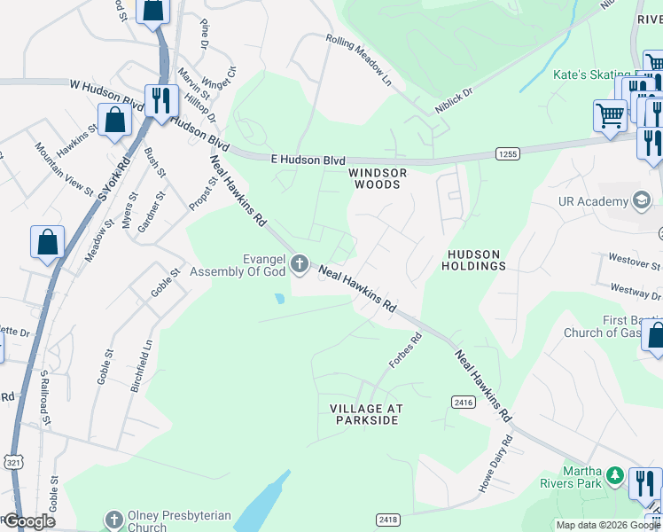 map of restaurants, bars, coffee shops, grocery stores, and more near 647 Neal Hawkins Road in Gastonia