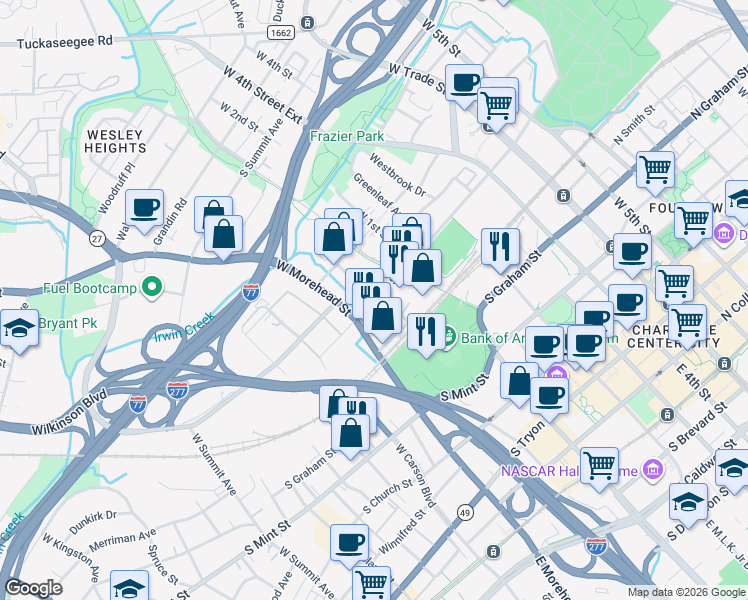 map of restaurants, bars, coffee shops, grocery stores, and more near S Cedar St & W Hill St in Charlotte
