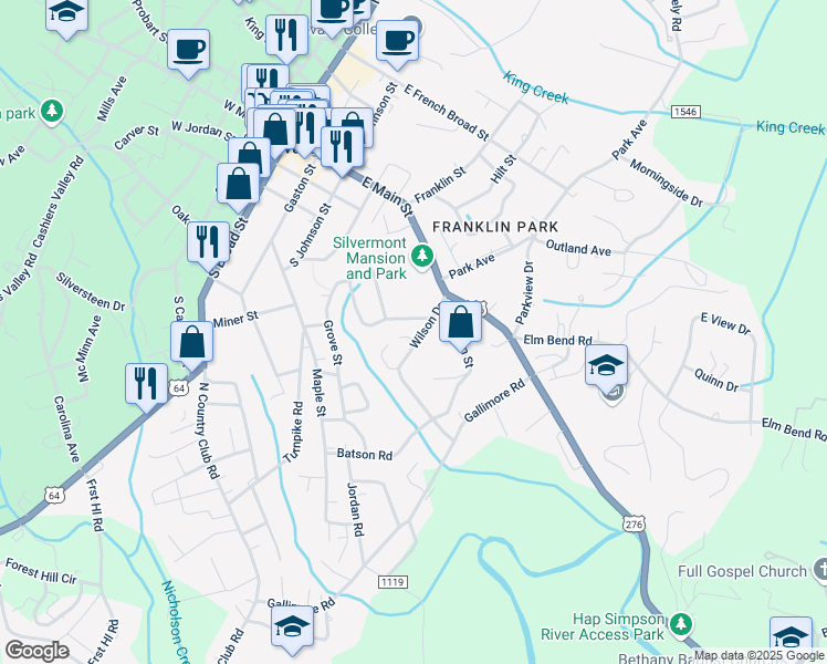 map of restaurants, bars, coffee shops, grocery stores, and more near 110 Wilson Drive in Brevard