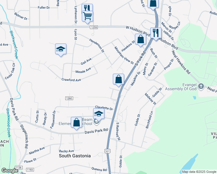 map of restaurants, bars, coffee shops, grocery stores, and more near 212 Beam Street in Gastonia