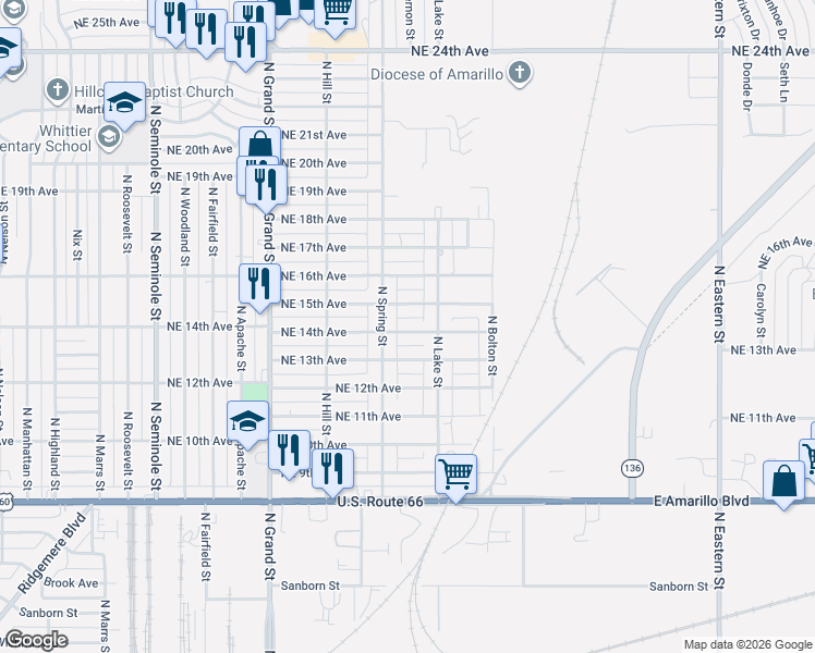 map of restaurants, bars, coffee shops, grocery stores, and more near 4015 Northeast 14th Avenue in Amarillo